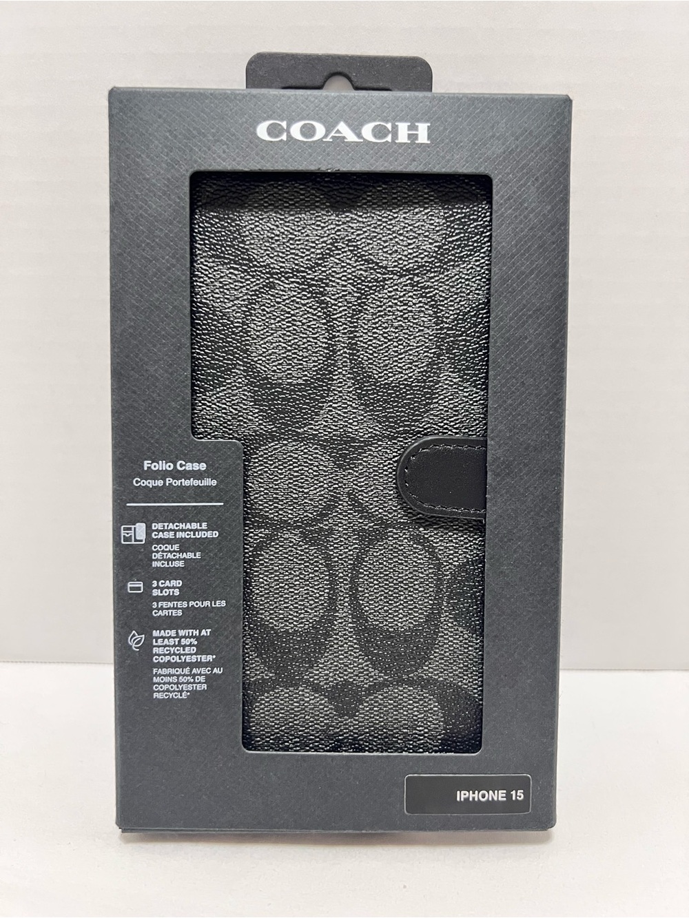 NEW IN BOX - Coach iPhone 15 Folio Card Wallet Case - Charcoal / Black